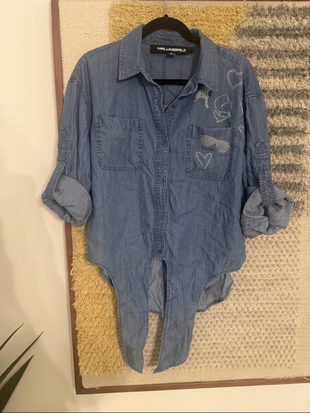 Karl Lagerfeld Light Blue Denim Button-Down Shirt with Crystal Accents